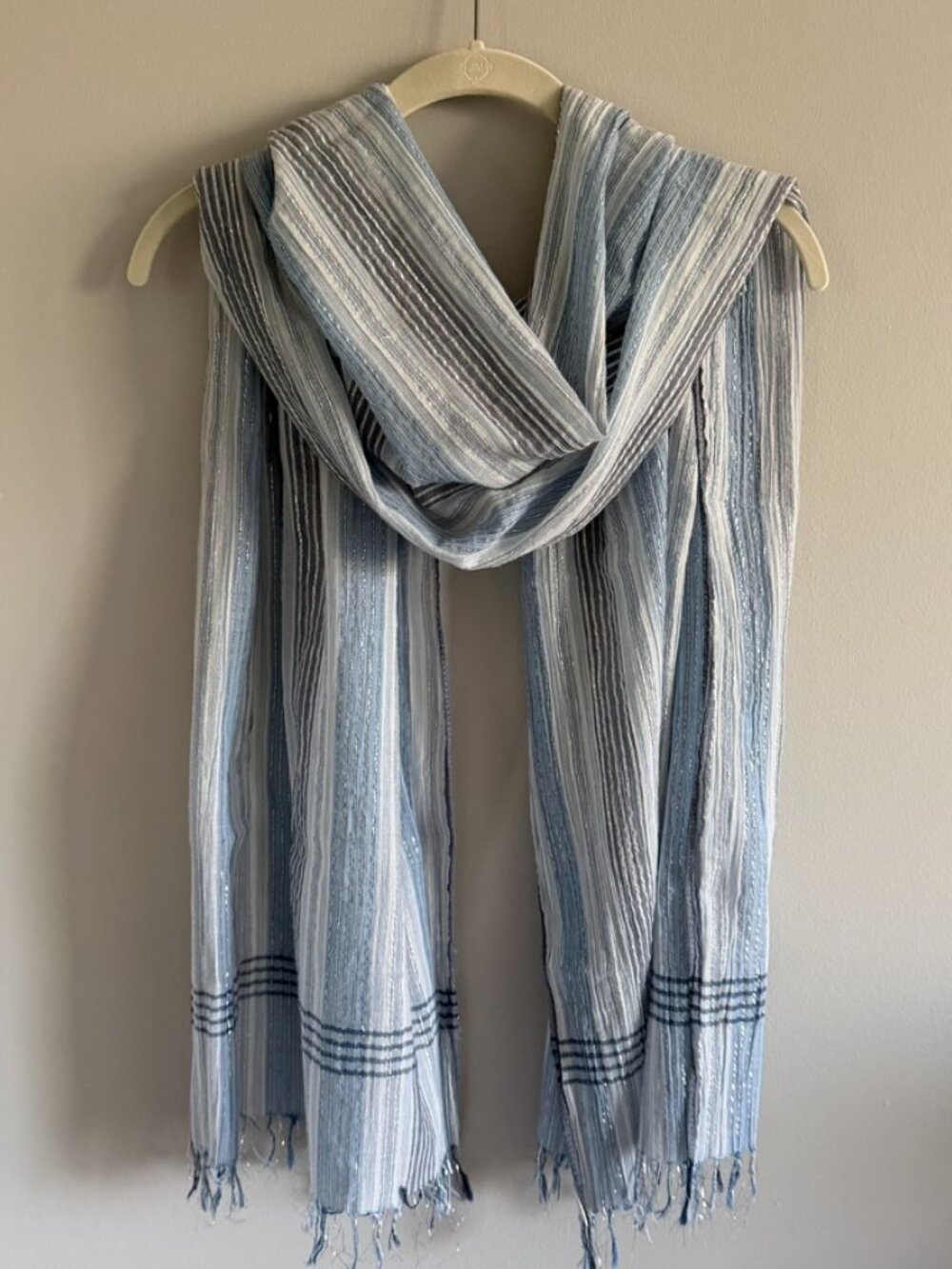 Blue Striped Sheer Scarf Metallic Thread Fringe Lightweight Summer Wrap